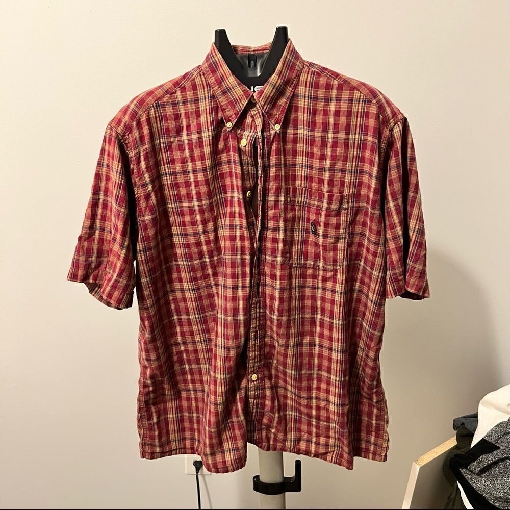 Nautica Size Large Mens Red Checkered Short Sleeve Button Down Shirt